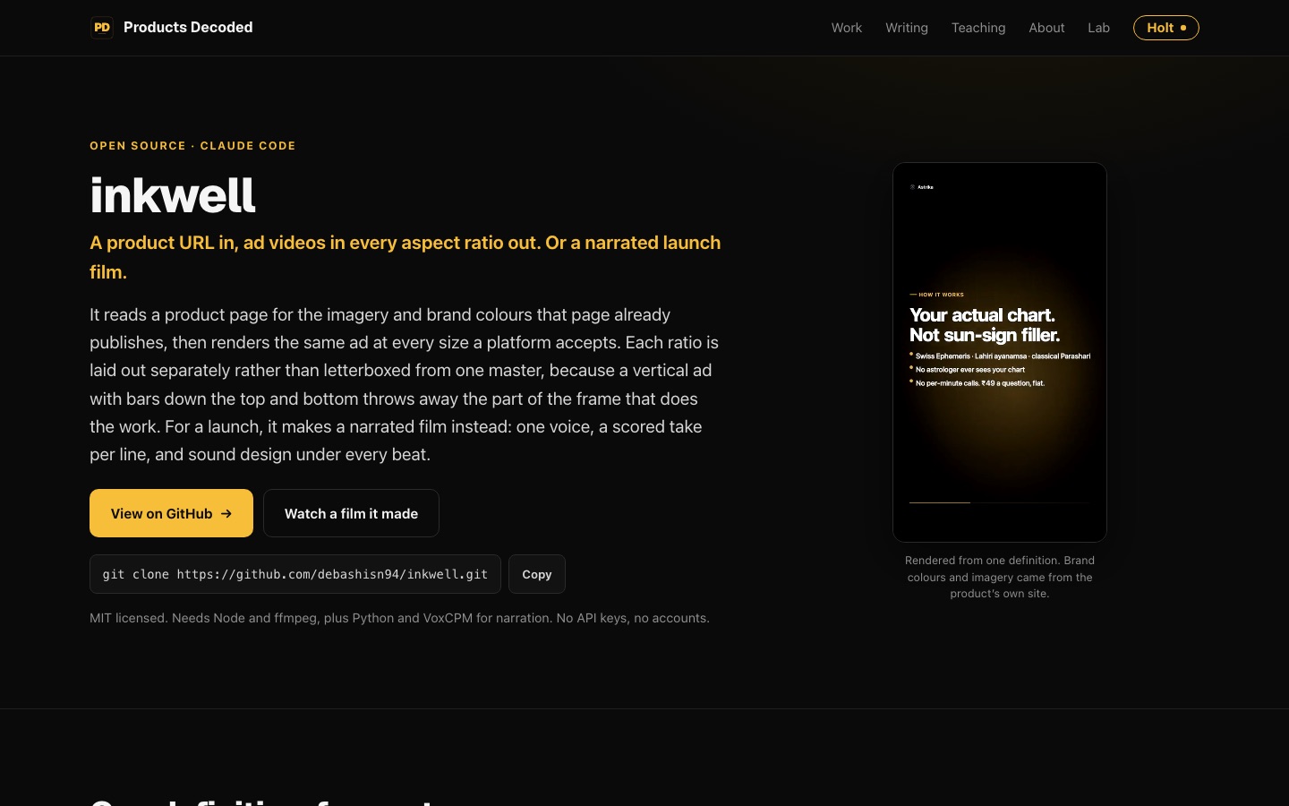 inkwell product page with a rendered vertical ad