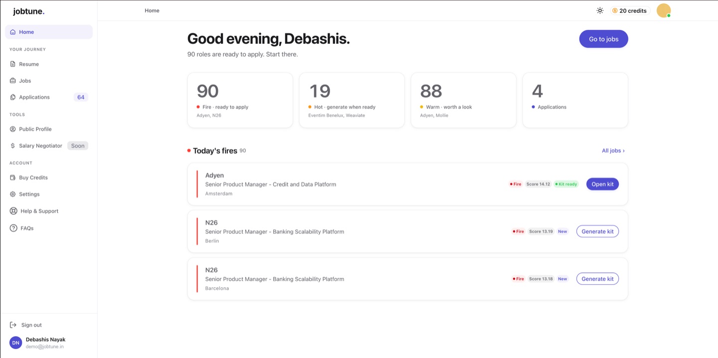 Jobtune dashboard showing roles ranked by fit, with apply kits ready to open